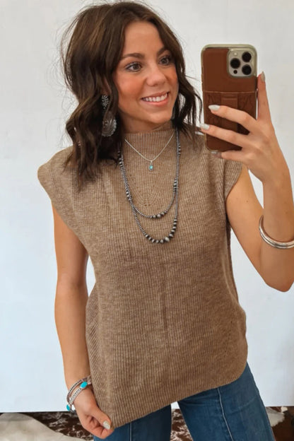 Solid Ribbed Knit Mock Neck Sleeveless Sweater