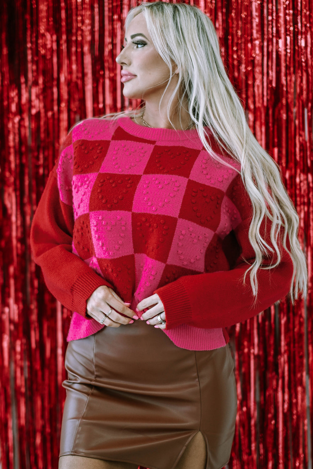 Valentine Checker Heart Textured Round Neck Sweater