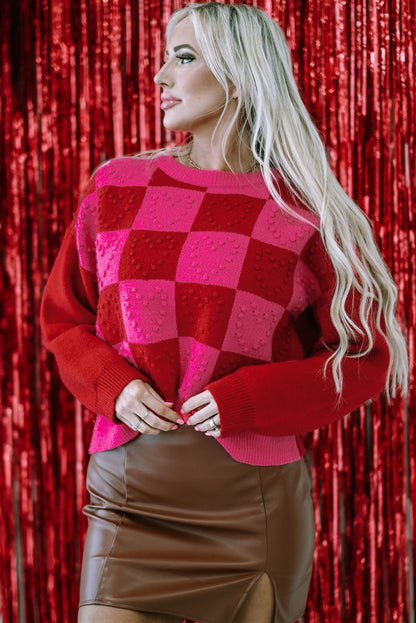 Valentine Checker Heart Textured Round Neck Sweater