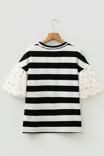 Stripe Floral Patchwork Puff Sleeve Blouse