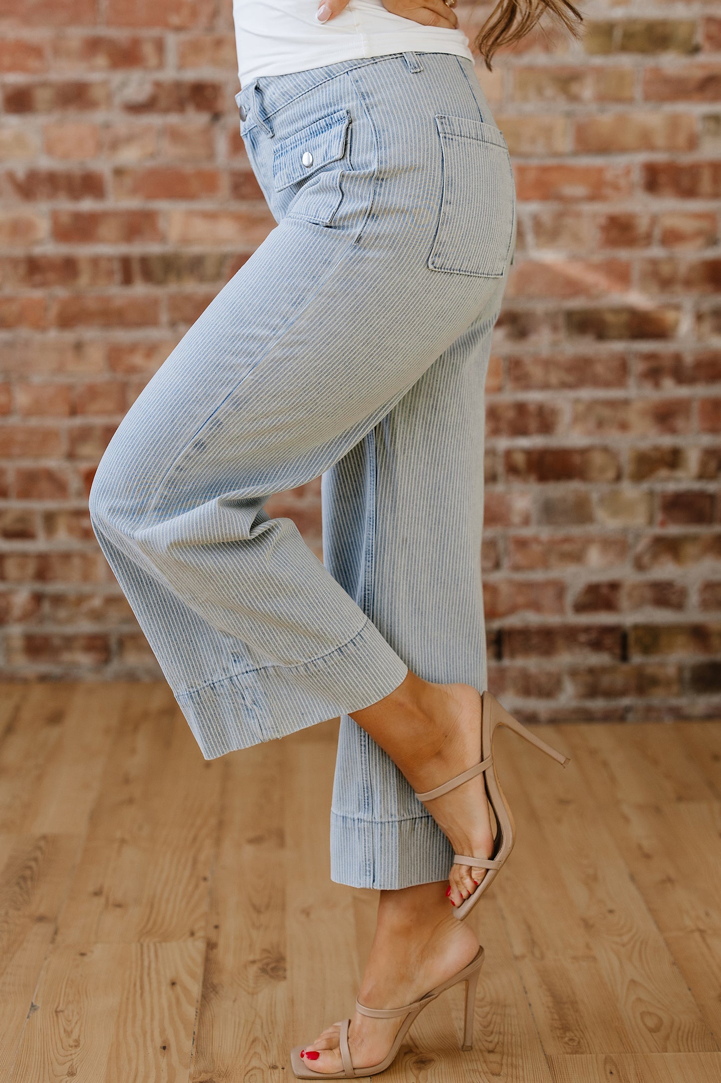 Stripe Denim Button Flap Pocket Cuffed Hem Jeans