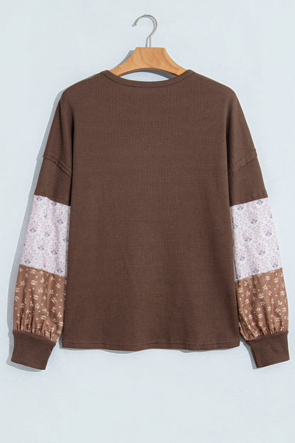 Plus Size Floral Patchwork Waffle Knit Long Sleeve Top