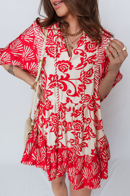 Flower V-Neck 3/4 Sleeve Collar Mini Dress