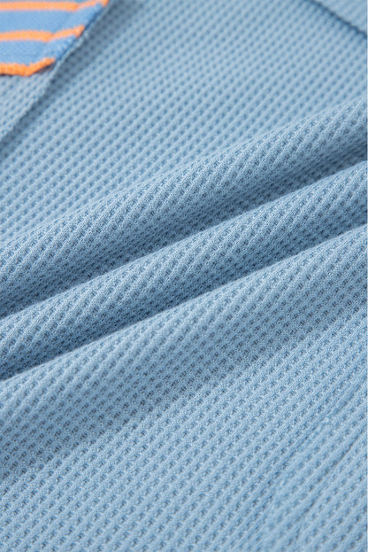 Stripe Patchwork Waffle Knit V-Neck Pullover