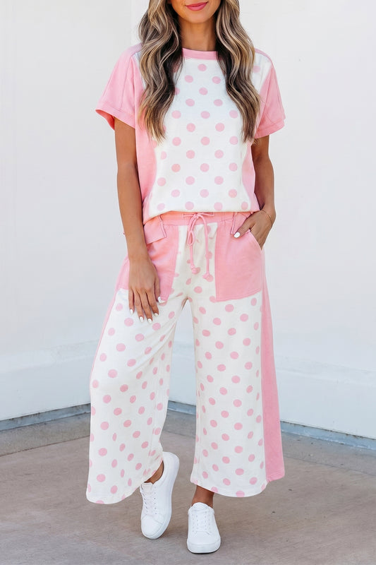 Polka Dot Patchwork Top & Wide Leg Pants Set