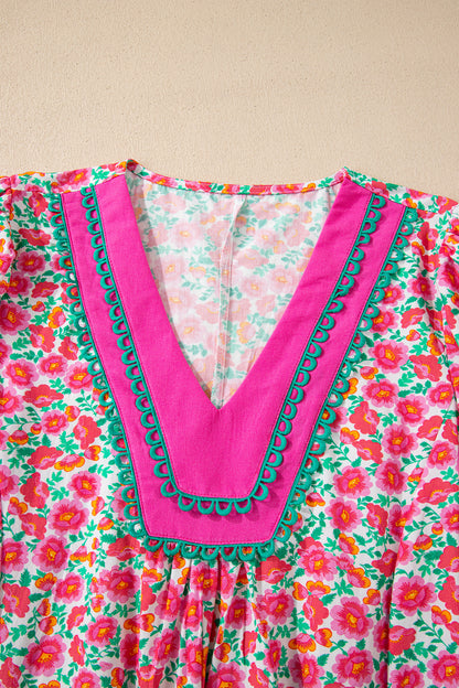 Floral Patchwork V-Neck Bubble Sleeve Mini Dress