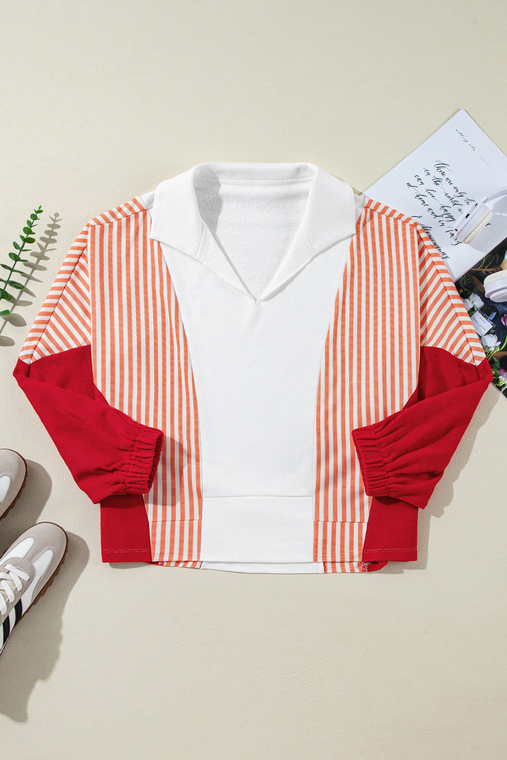 Stripe Colorblock V-Neck Oversized Sweatshirt