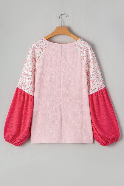 Plus Size Floral Colorblock Long Sleeve Blouse