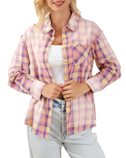 Plaid Distressed Buttoned Shirt w/Pockets