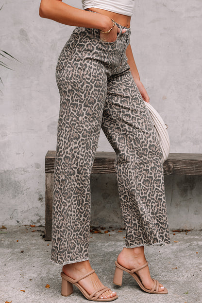 Leopard Frayed Edge High Waist Wide Leg Jeans