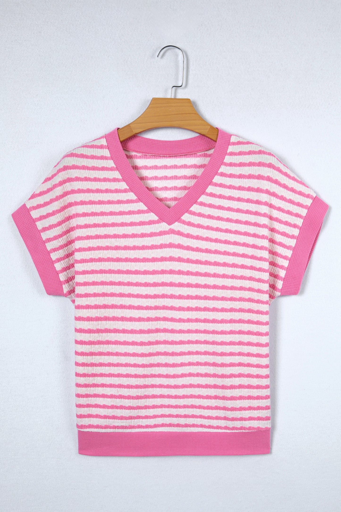 Stripe Textured Knit V-Neck Short Sleeve Top