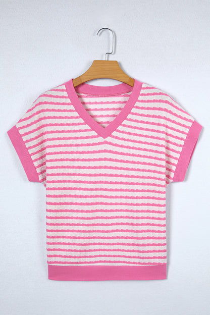 Stripe Textured Knit V-Neck Short Sleeve Top