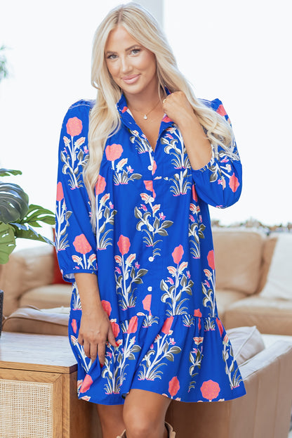 Floral 3/4 Puff Sleeve Ruffle Hem Dress