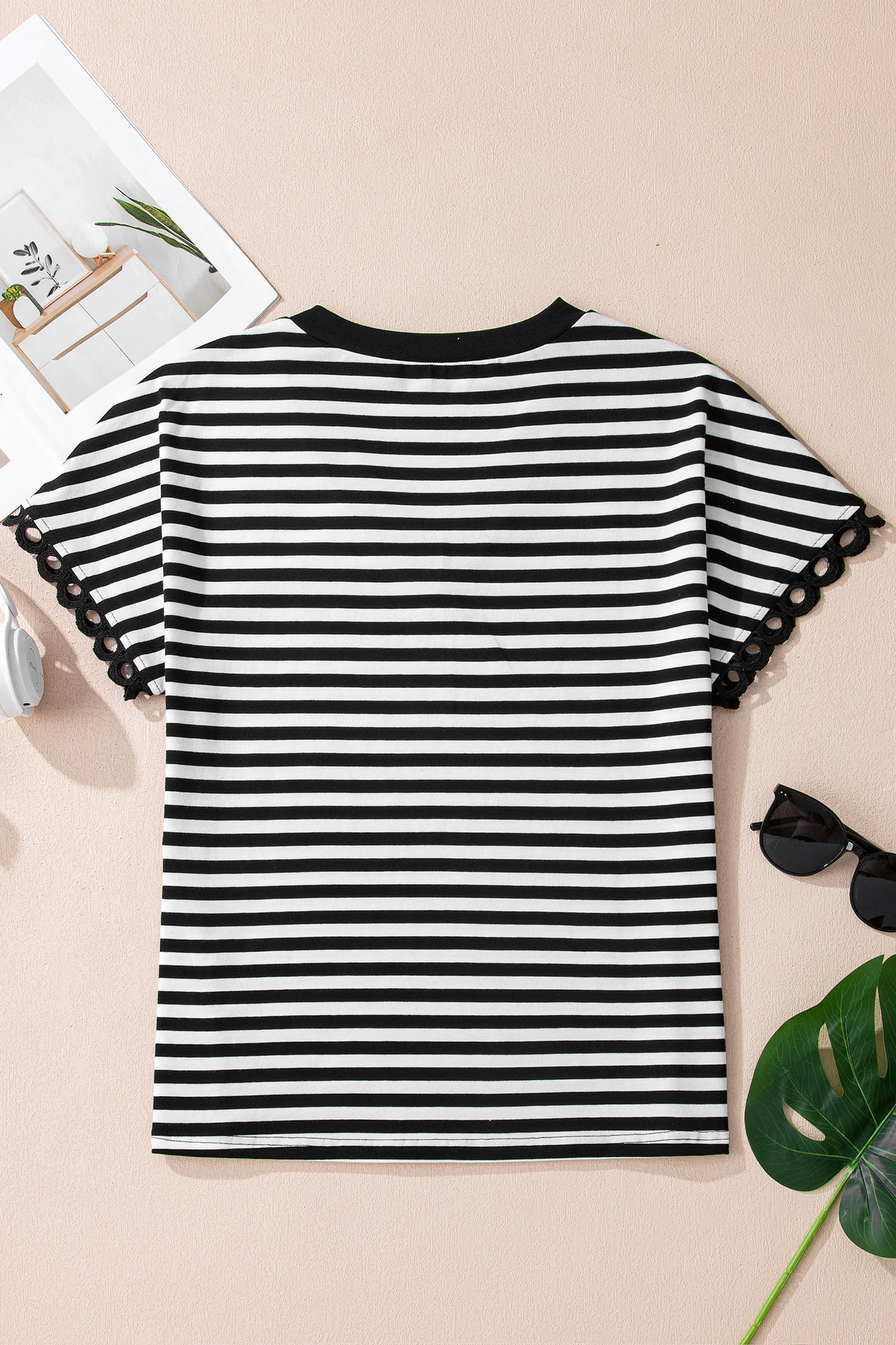 Stripe V-Neck Lace Trim Short Sleeve Tee