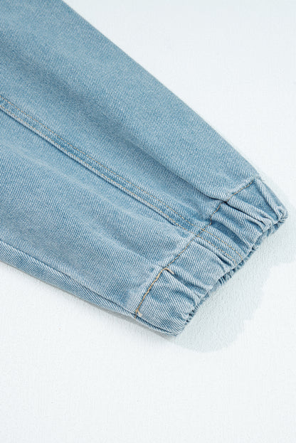 Denim Collared Zip-Up Elastic Edge Pocketed Jacket