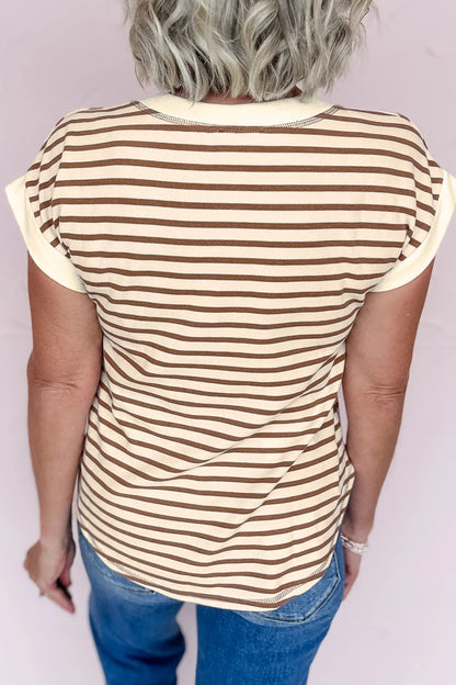 Stripe Half Buttoned Short Sleeve Top
