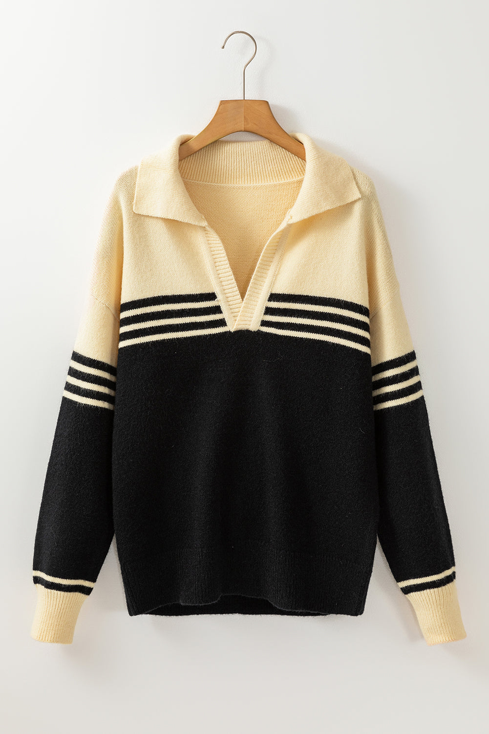 Colorblock Stripe Collared V-Neck Sweater