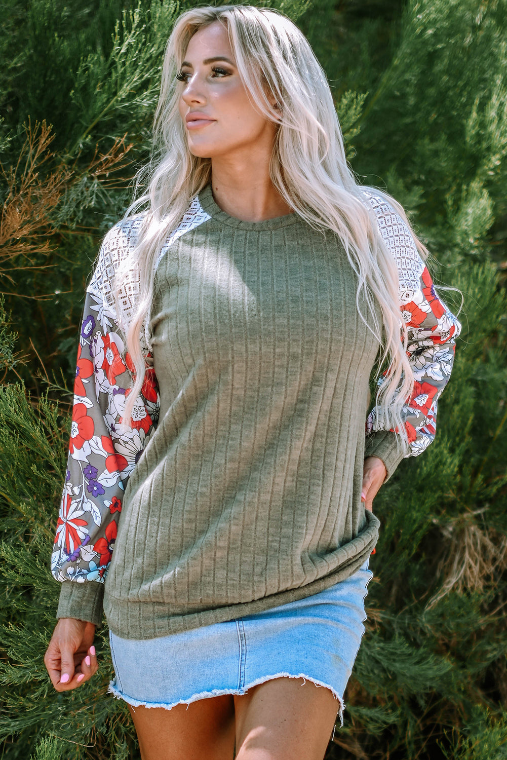 Floral Ribbed Patchwork Long Sleeve Blouse