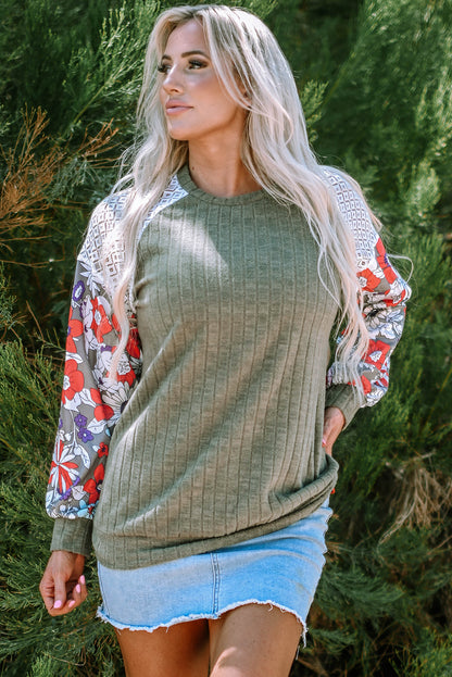 Floral Ribbed Patchwork Long Sleeve Blouse