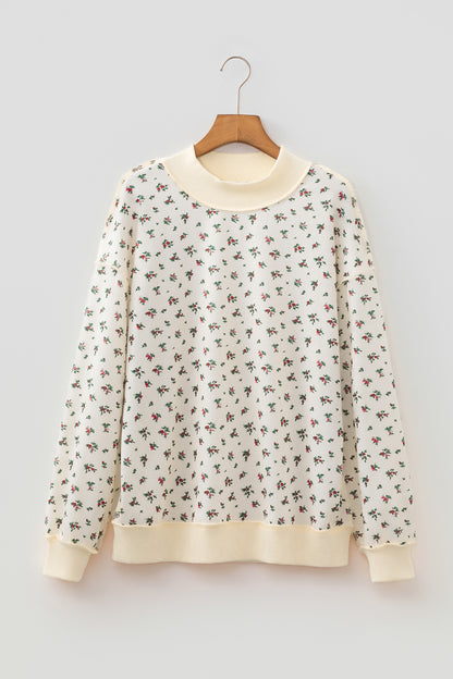 Floral Ribbed High Neck Exposed Hem Baggy Sweatshirt