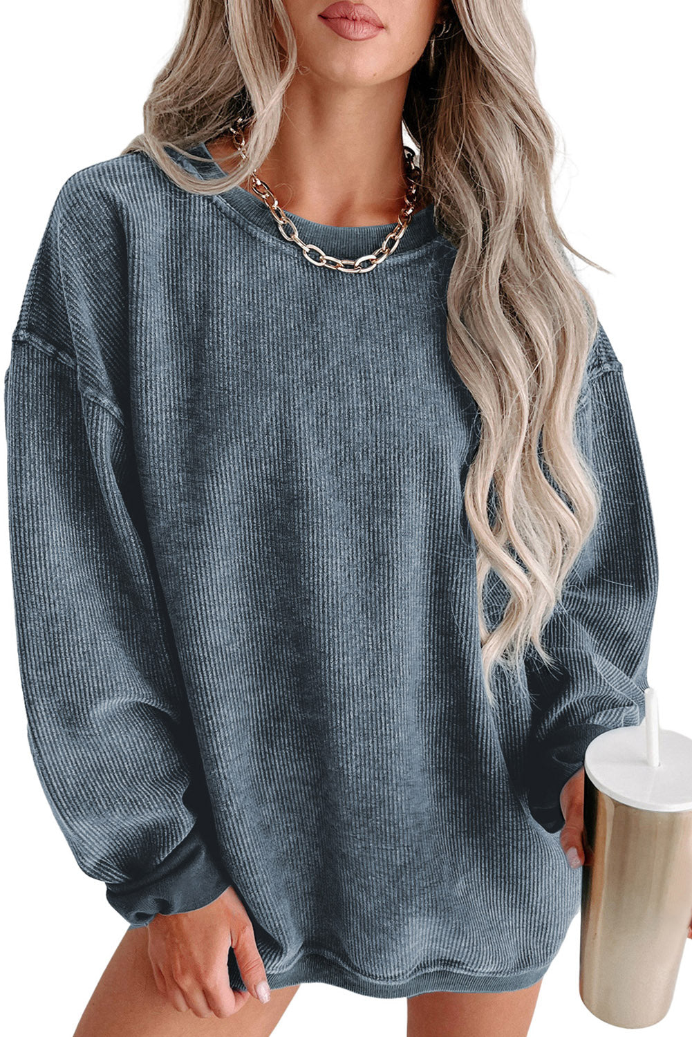 Washed Ribbed Pullover Sweatshirt