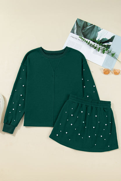 Pearl Embellished Pullover and Mini Skirt Set