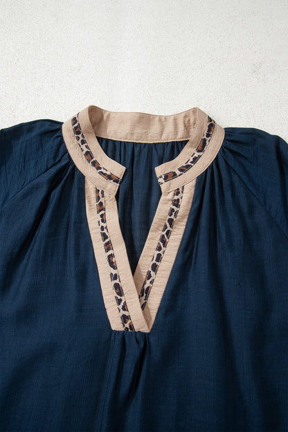 Plus Size Leopard Contrast Collar Long Sleeve Blouse