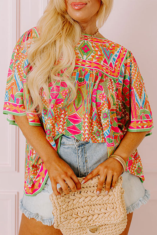 Abstract Wide Sleeve Blouse Plus Size