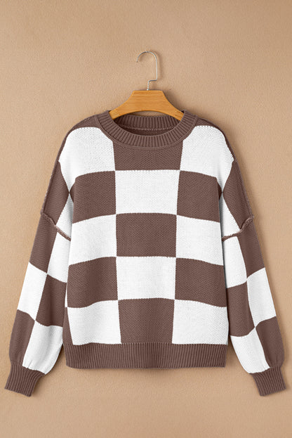Checker Exposed Seam Drop Shoulder Long Sleeve Sweater