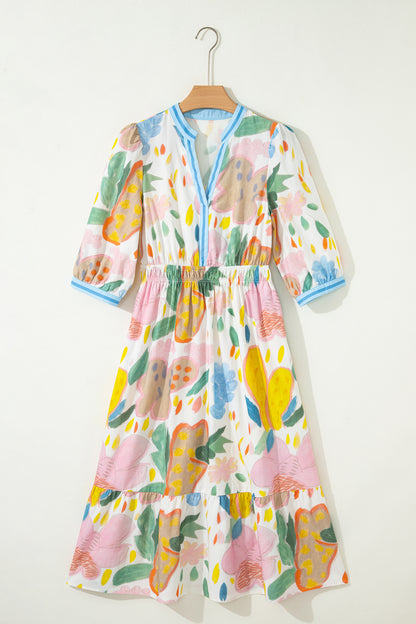 Floral Stripe Trim V-Neck Midi Dress