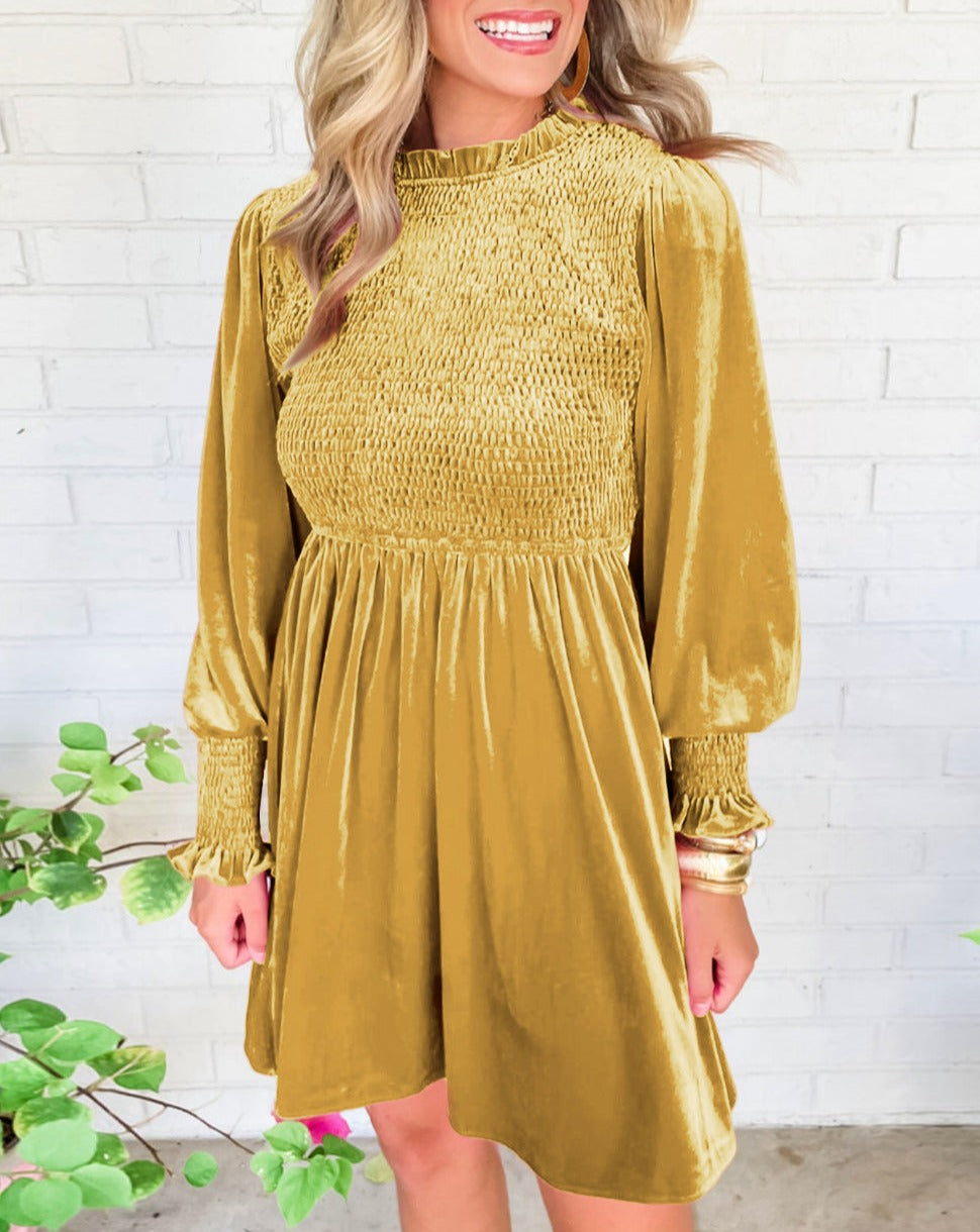 Velvet Smocked Puff Sleeve Dress