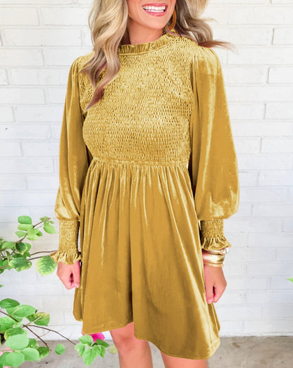 Velvet Smocked Puff Sleeve Dress