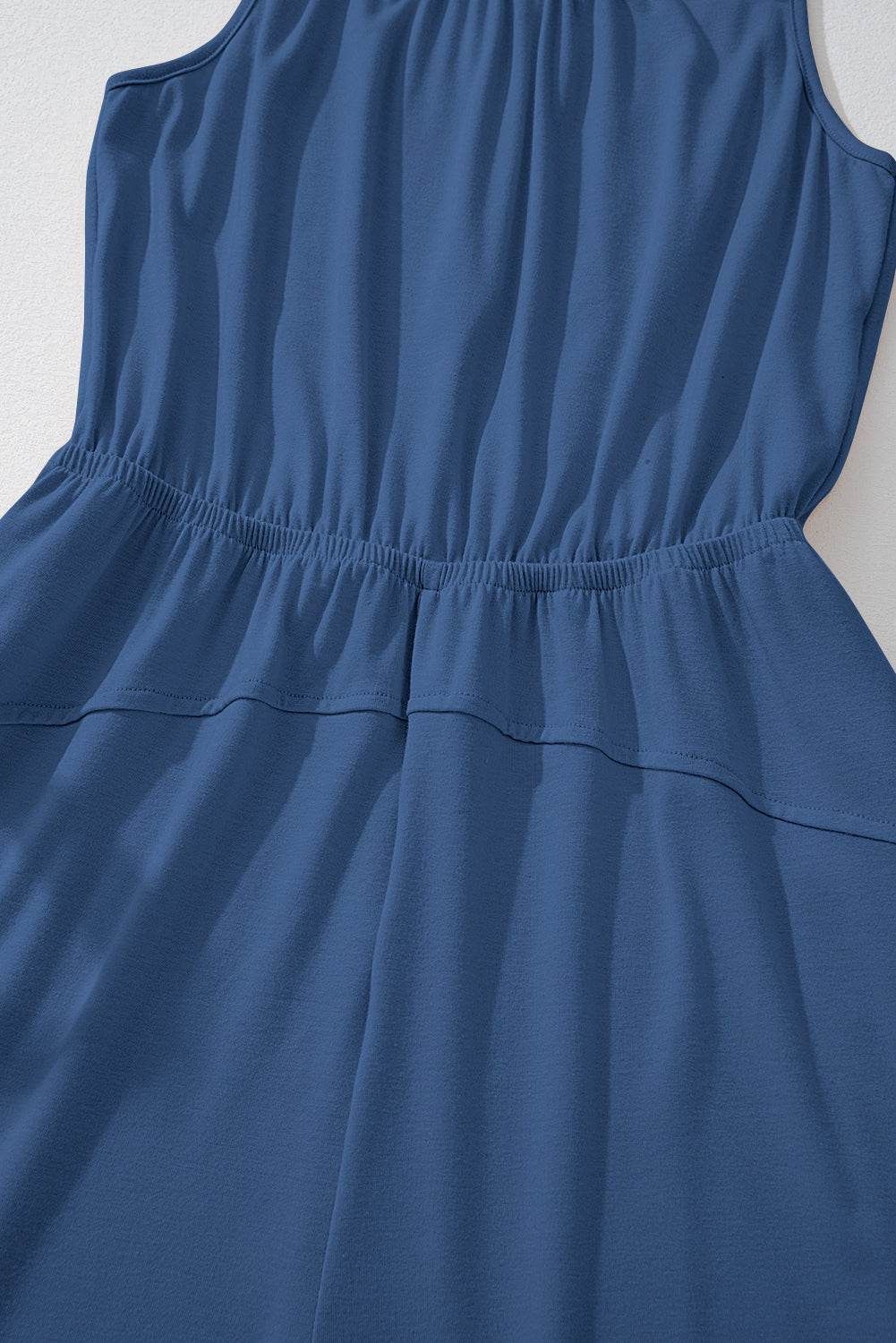 Solid Pleated Detail Sleeveless Elastic Waist Jumpsuit