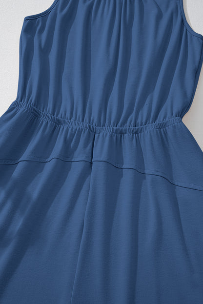 Solid Pleated Detail Sleeveless Elastic Waist Jumpsuit