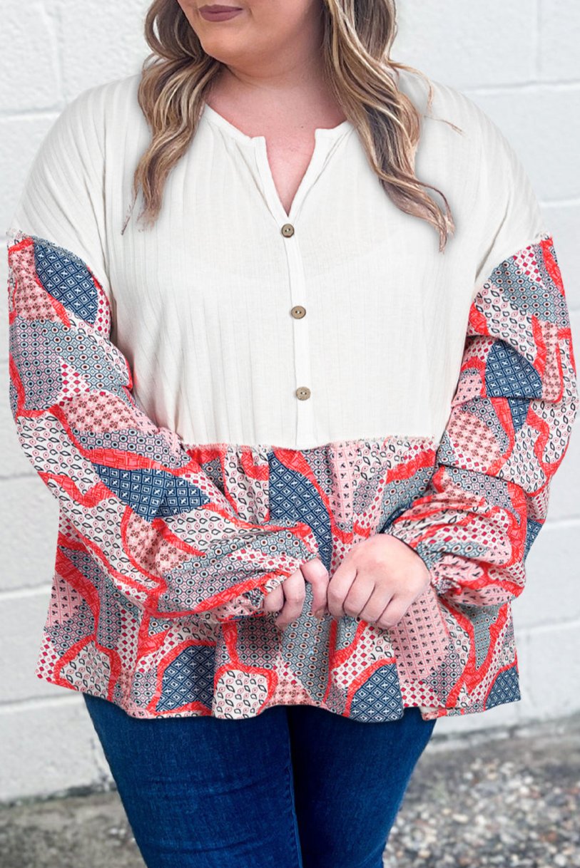 Plus Size Abstract Patchwork Buttoned Blouse