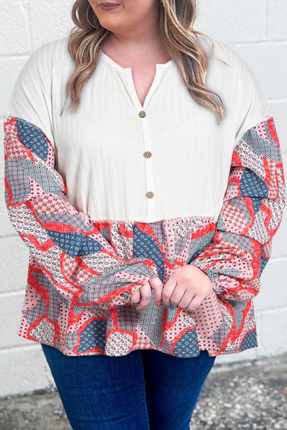 Plus Size Abstract Patchwork Buttoned Blouse