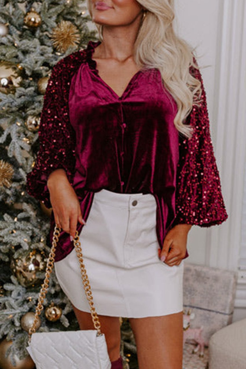 Sequin Velvet Buttoned V-Neck Top