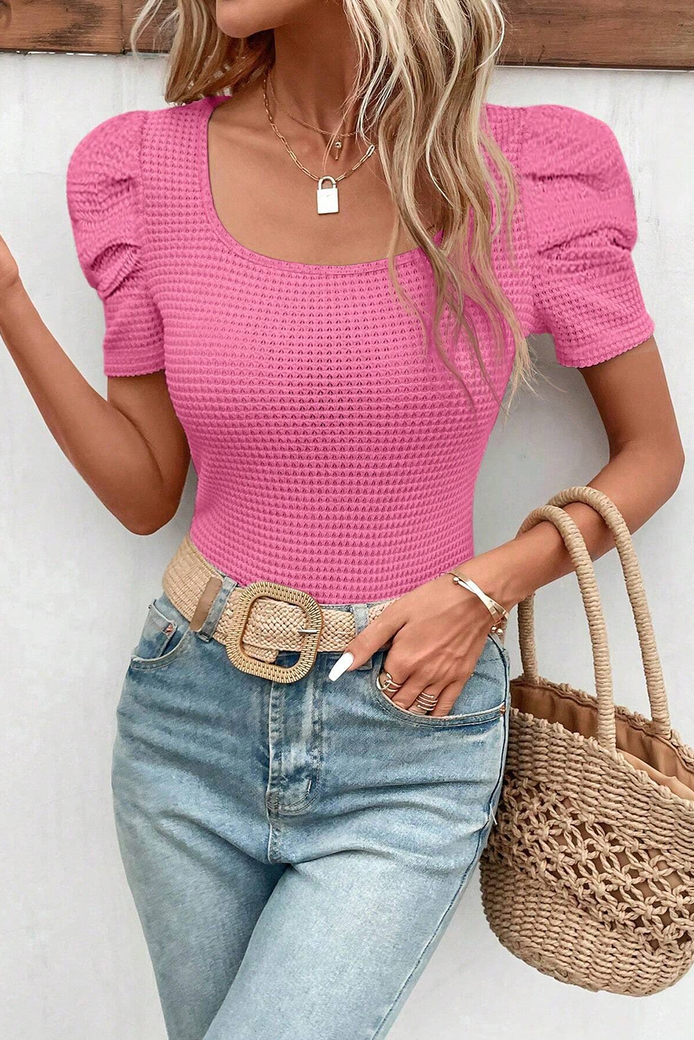 Waffle Ruched Puff Sleeve Top