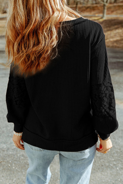 Lace Waffle Patchwork Long Sleeve Top