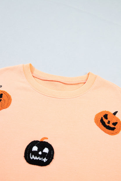 Halloween Embroidered Jack-O-Lantern Drop Shoulder Sweatshirt