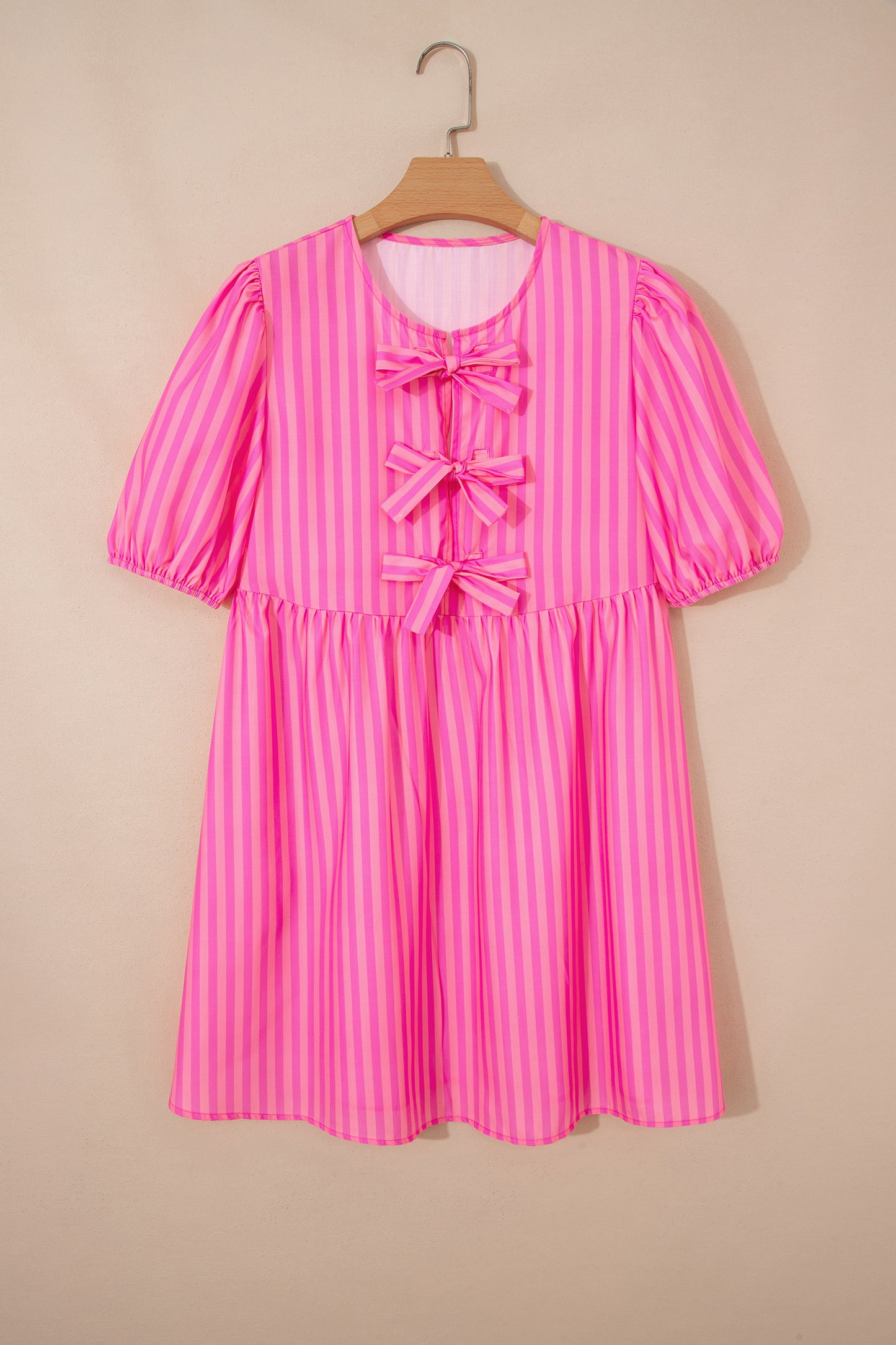 Stripe Bow Tie Front Short Puff Sleeve Dress