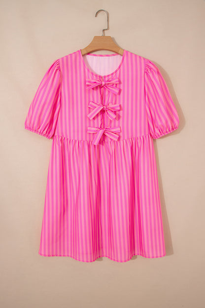 Stripe Bow Tie Front Short Puff Sleeve Dress