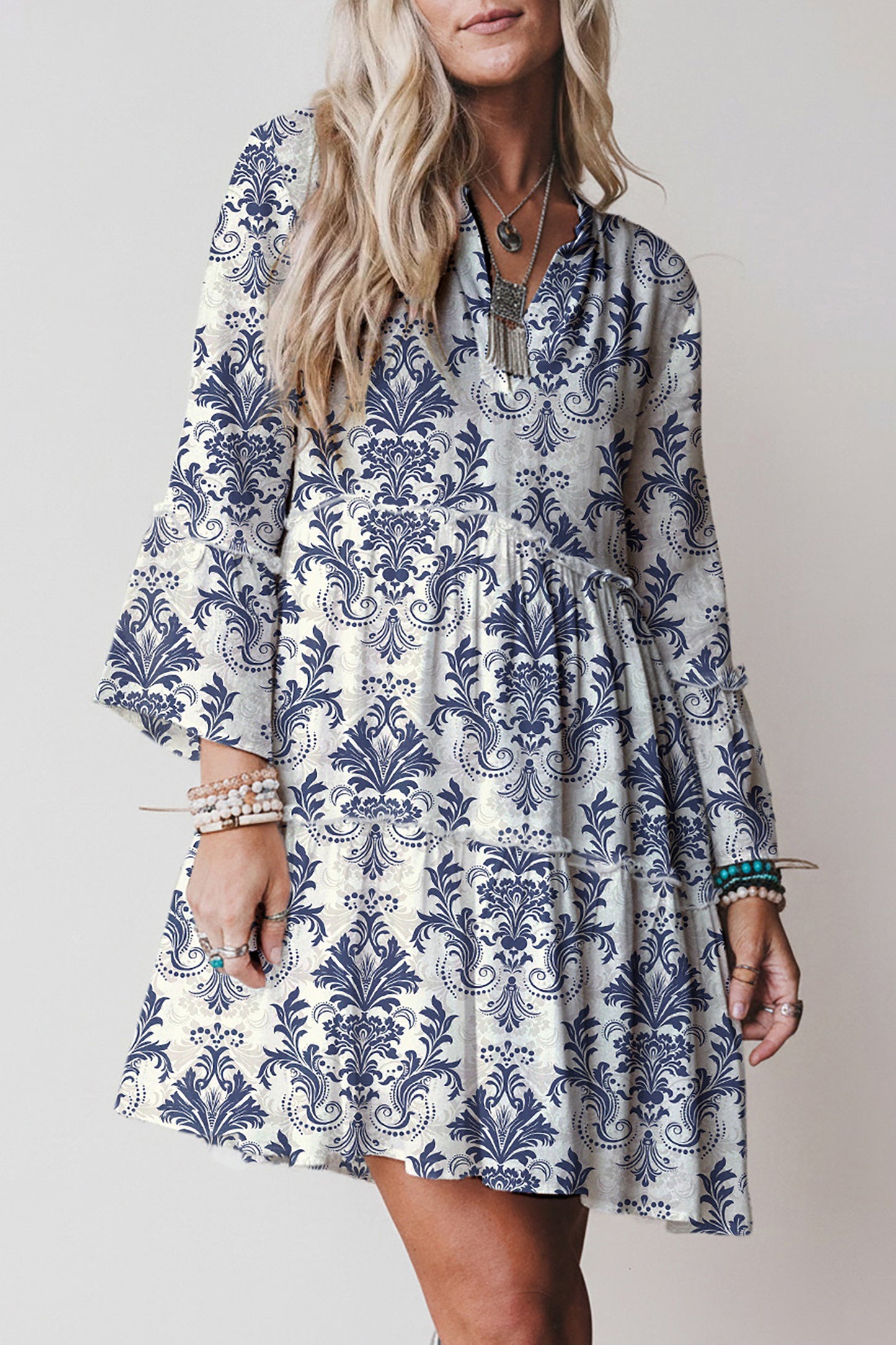Boho Floral Lettuce Trim 3/4 Sleeve Mini Dress