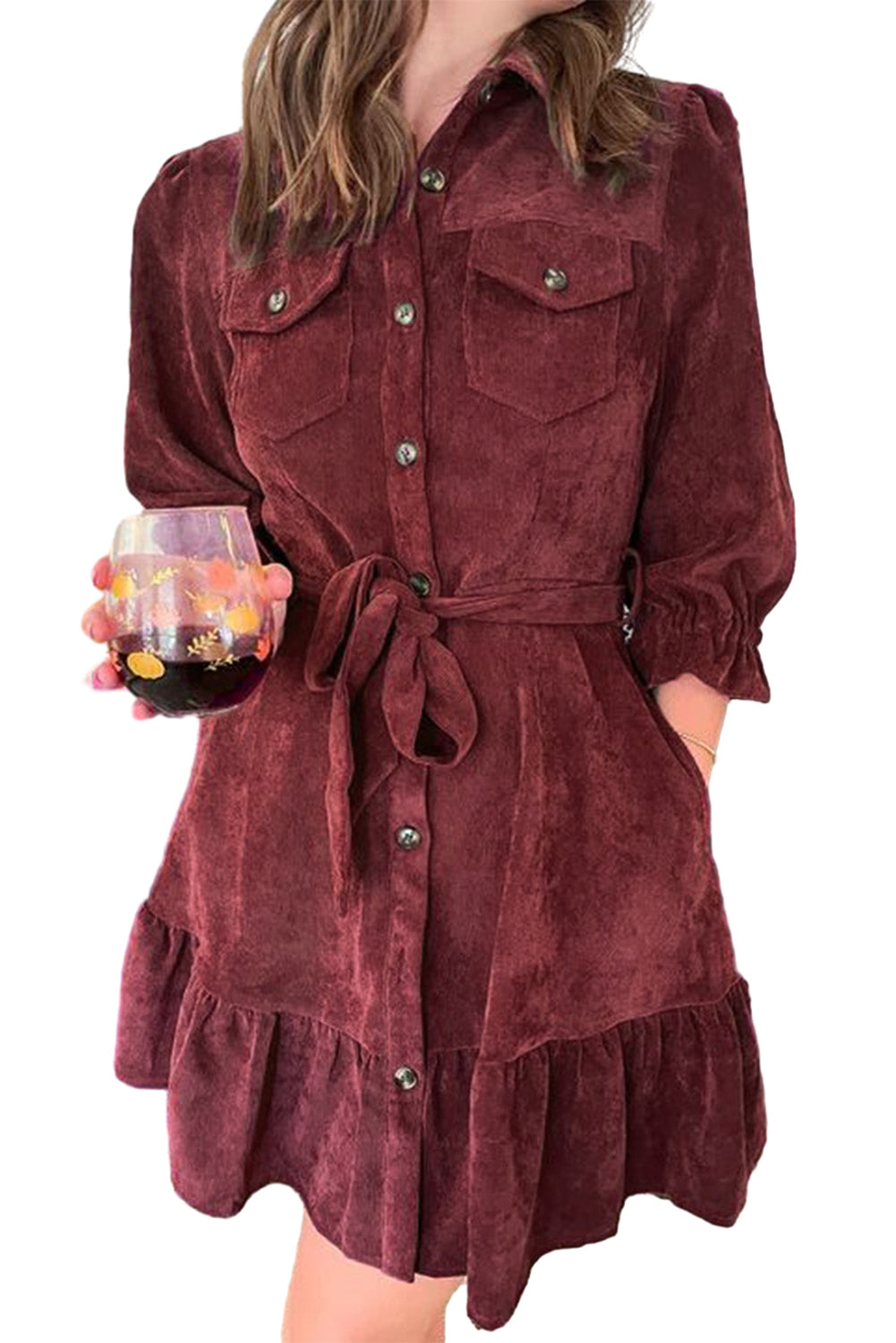 Corduroy Ruffle Hem Shirt Dress