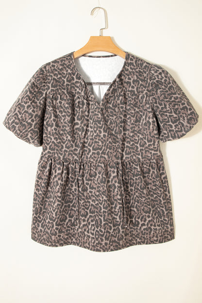 Leopard Denim Tie Neck Puff Sleeve Babydoll Top