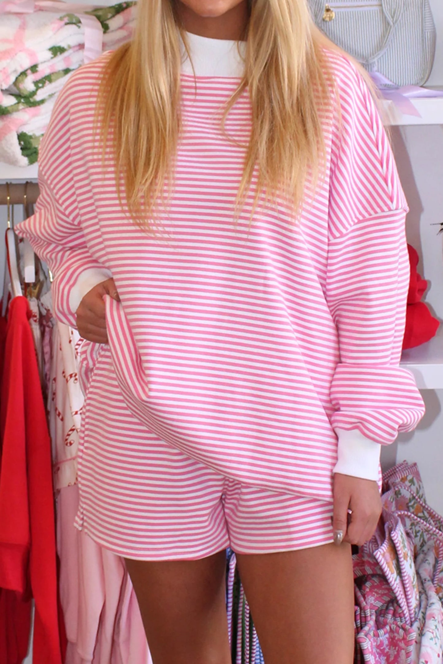 Stripe Oversize Mock Neck Sweatshirt & Shorts Set