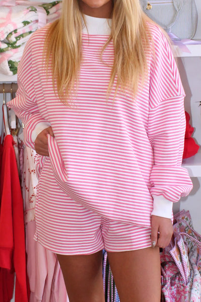 Stripe Oversize Mock Neck Sweatshirt & Shorts Set