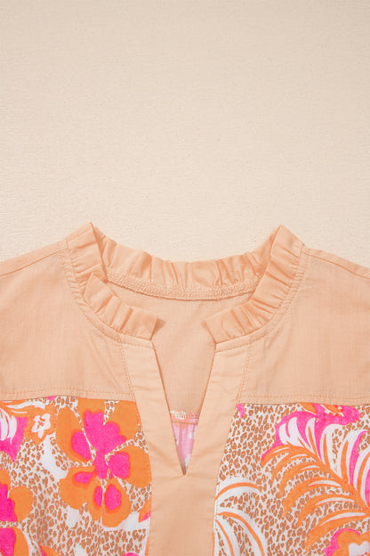 Floral Colorblock Ruffle Short Sleeve Midi Dress