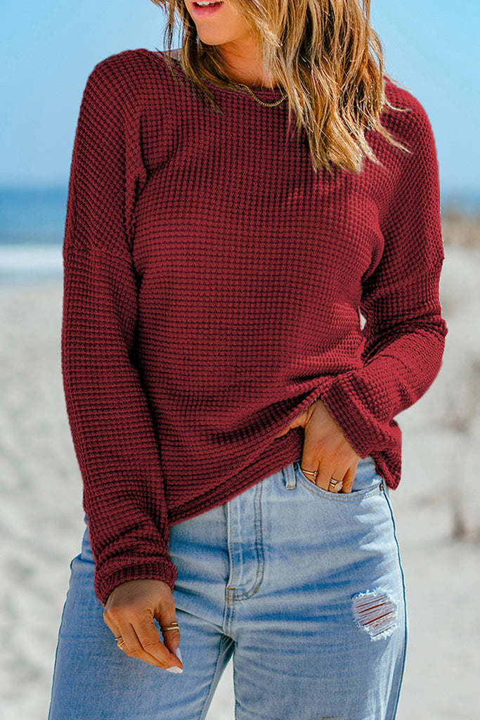 Waffle Drop Shoulder Long Sleeve Top