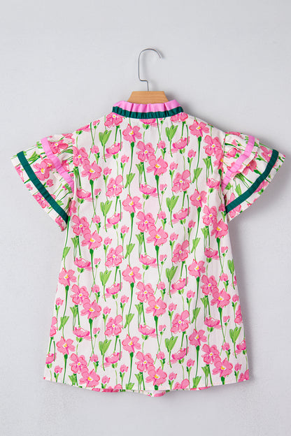 Floral Contrast Trim V-Neck Ruffle Short Sleeve Blouse
